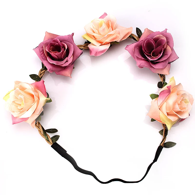 

M MISM Girls Bridal Wedding Roses Headband Summer Bohemia Style Flowre Hair Band High Quality Beach Garland Hair Accessories