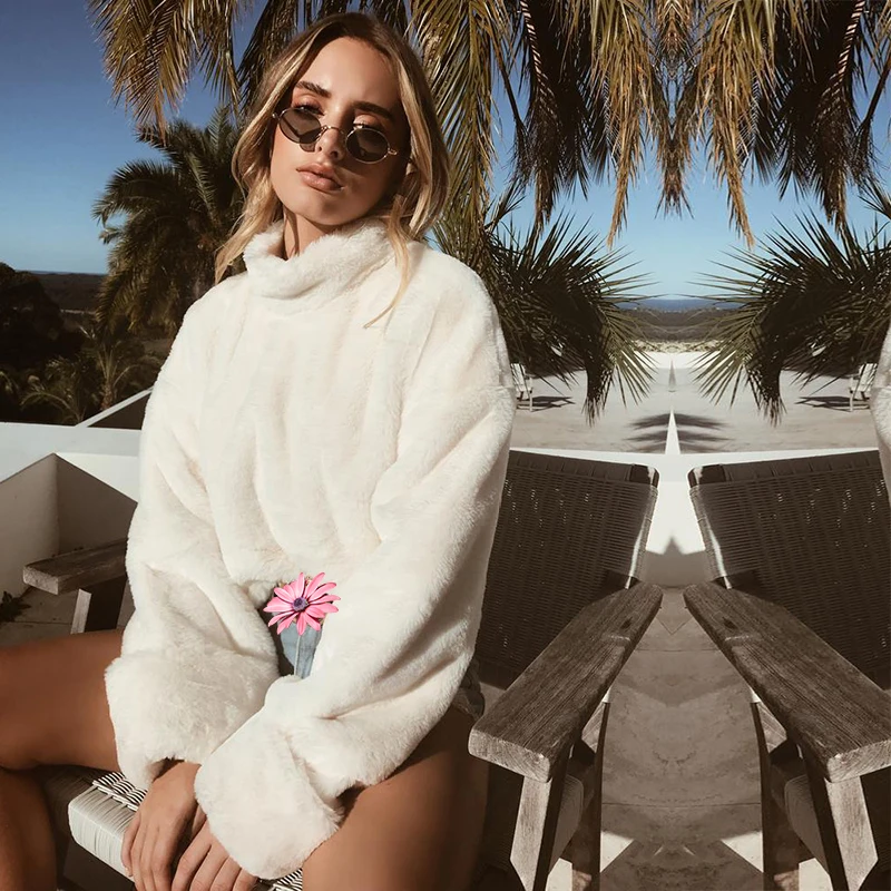 Women Autumn Winter Turtleneck Long Sleeve Keep warm Fleece Pullover Hoodies Bts Sweatshirt Girls Kawaii White Hairy Winter Top (5)