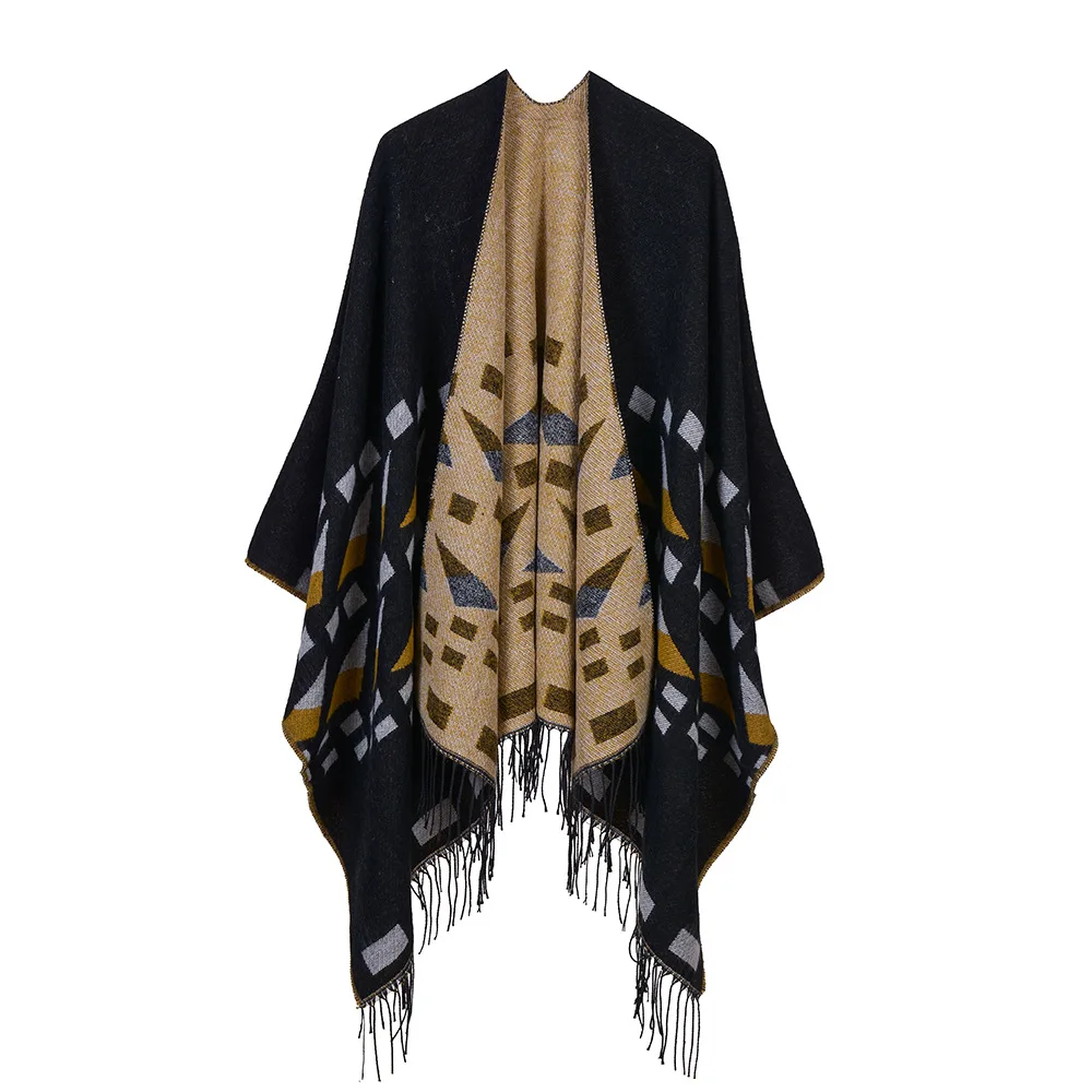 Triangle Little Square Jacquard Tassel Open Cloak European and American Street Fashion Warm Camping Cape
Triangle Little Square Jacquard Tassel Open Cloak European and American Street Fashion Warm Camping Cape