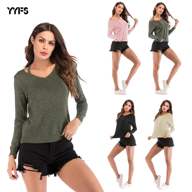 2018 fall new small shoulder strap V collar long sleeved t-shirt female casual fashion pure T-shirt woman 
2018 fall new small shoulder strap V collar long sleeved t-shirt female casual fashion pure T-shirt woman