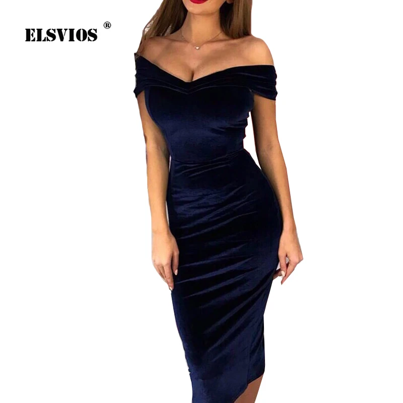 ELSVIOS/Новинка женское сексуальное бархатное платье с открытыми плечами