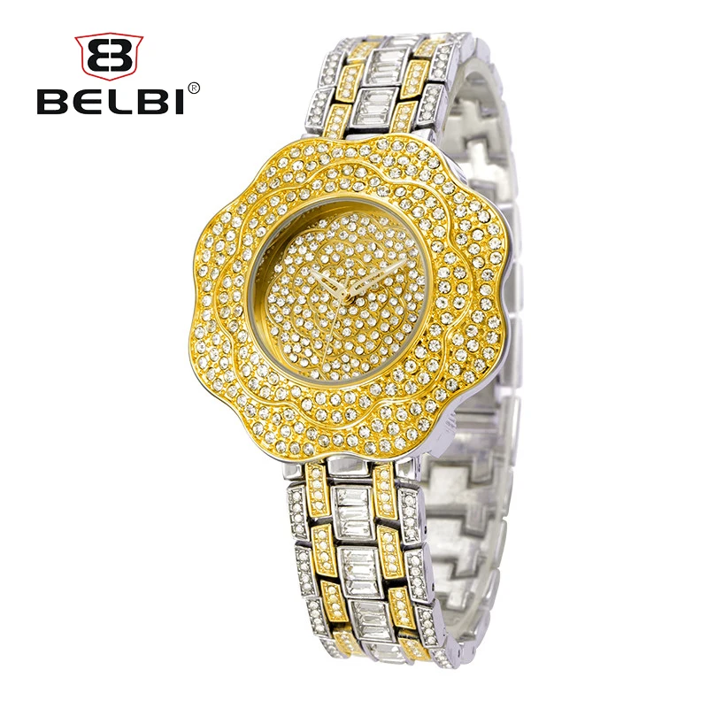BELBI Модные женские Для женщин золотые часы 2018 Нержавеющая сталь горный хрусталь
