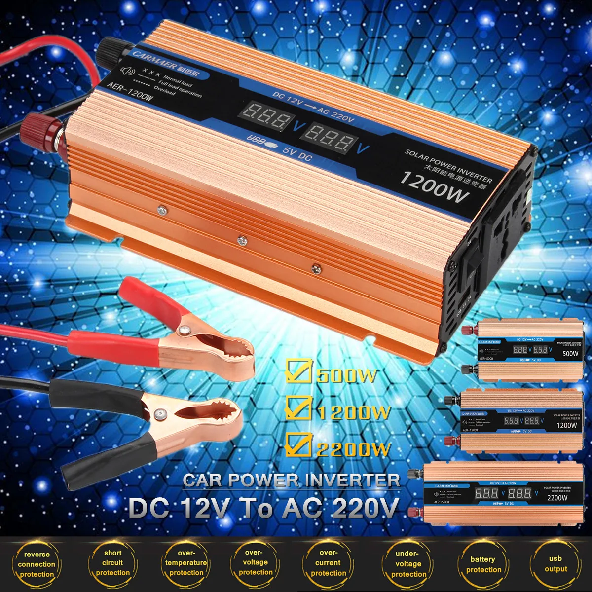 Peak 2200W Car Solar Power Inverter Modified Sine Wave Converter DC 12V/AC 220V Double LCD Smart Mute Fan Voltage Transformer
Peak 2200W Car Solar Power Inverter Modified Sine Wave Converter DC 12V/AC 220V Double LCD Smart Mute Fan Voltage Transformer