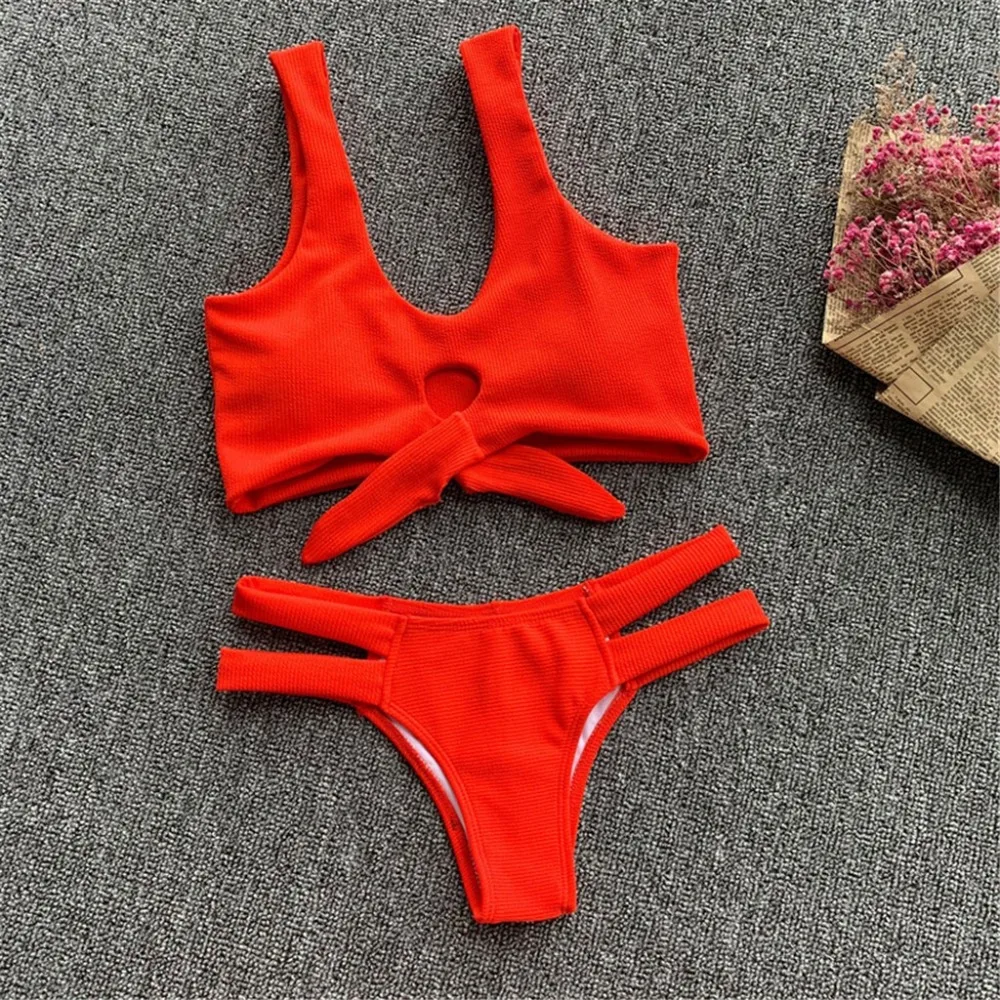 Women Two-Piece Swimsuit Backless Strappy Knot Solid Bikini Set Beachwear Female Separate Push Up Bikinis Solid New L5# (7)