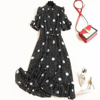 2019 summer wooden ear small stand collar buckle elastic waist point floral irregular chiffon dressT3631
2019 summer wooden ear small stand collar buckle elastic waist point floral irregular chiffon dressT3631