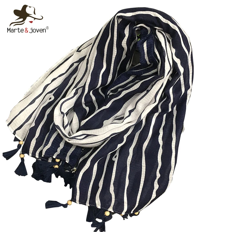 

Marte&Joven Classic Navy Blue Striped Cotton Scarf Shawls for Women Elegant Ladies Long Warm Pashmina Wraps with Beads Tassels