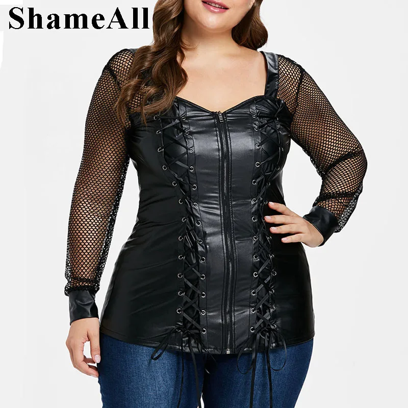 Shameall Plus Size Lace Up Zipper Front Pu Leather T-Shirt 3Xl 4Xl 5Xl Sexy Transparent Mesh Long Sleeve Bodycon Tops
Shameall Plus Size Lace Up Zipper Front Pu Leather T-Shirt 3Xl 4Xl 5Xl Sexy Transparent Mesh Long Sleeve Bodycon Tops