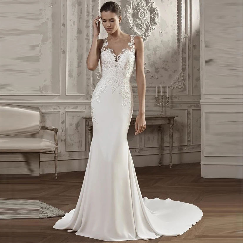 Crepe Princess Boho Mermaid Wedding Dress Top Lace Applique Open Back Vestidos De Noiva Train Bride Dress vestido de festa longo
Crepe Princess Boho Mermaid Wedding Dress Top Lace Applique Open Back Vestidos De Noiva Train Bride Dress vestido de festa longo