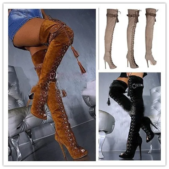New Brown Grey Suede Fringe Women Boots Open Toe Lace Up Thigh High Boots High Heels Buckle Autumn Boots Shoes Woman Botas Mujer (5)