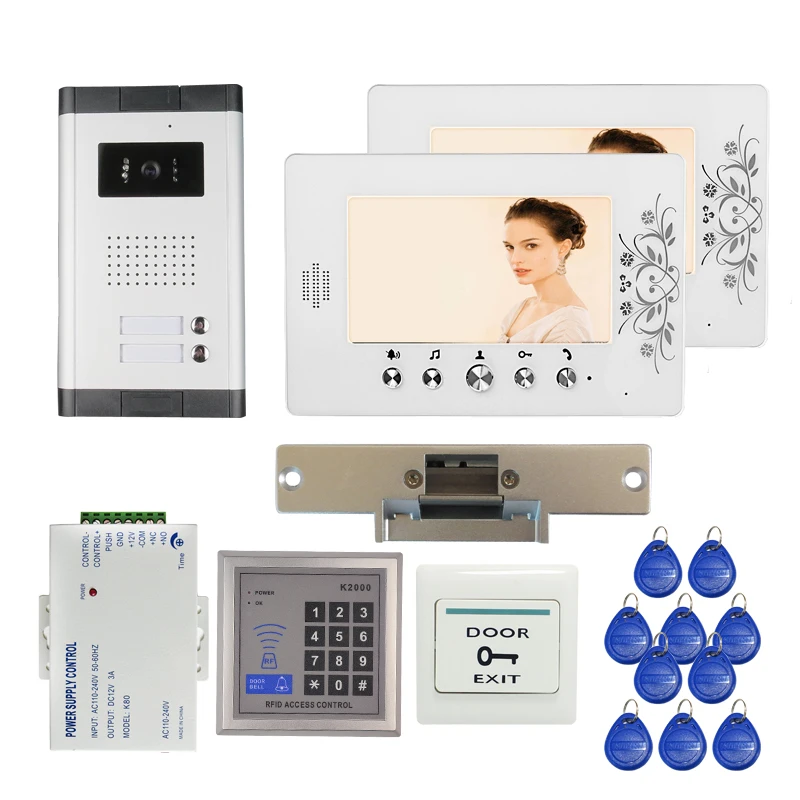 Apartment 7" Video Intercom Door Phone RFID Entry Kit + 2 Monitors + 1 Outdoor Camera for 2 Family + Strike Lock FREE SHIPPING
Apartment 7" Video Intercom Door Phone RFID Entry Kit + 2 Monitors + 1 Outdoor Camera for 2 Family + Strike Lock FREE SHIPPING