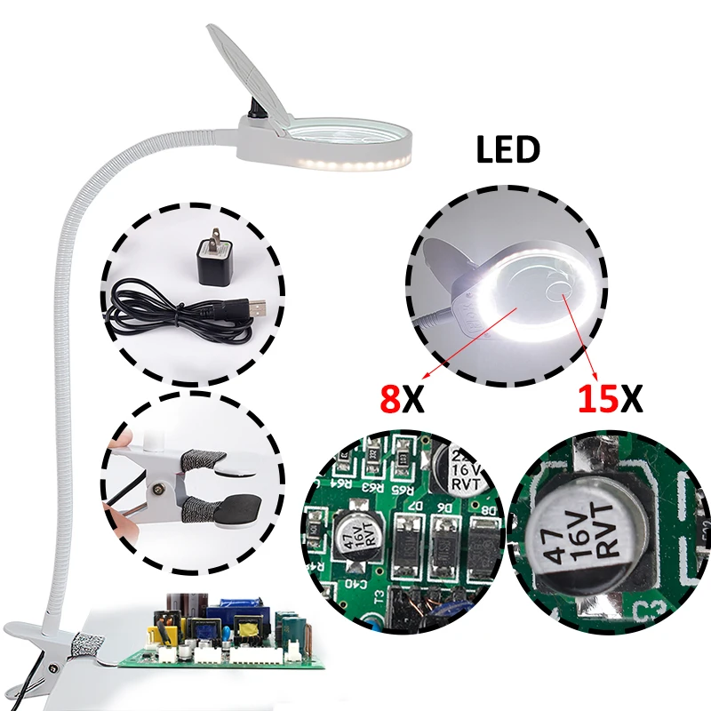 8/15X Magnifying Glass Table Machine Soft Rod Dimmable LED Light Magnifier Reading Repairing Soldering Magnification Monocular
8/15X Magnifying Glass Table Machine Soft Rod Dimmable LED Light Magnifier Reading Repairing Soldering Magnification Monocular