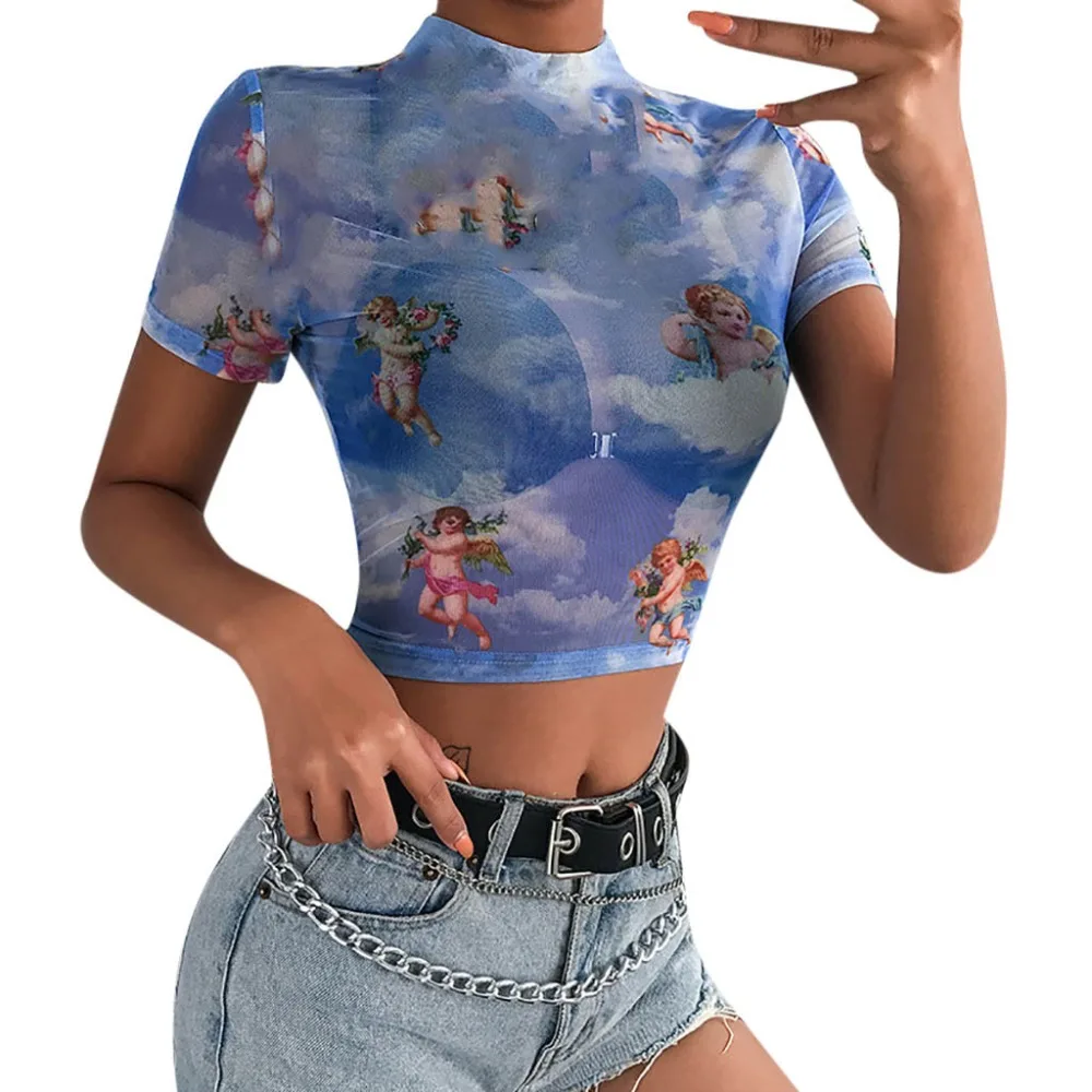Angel Print Mesh Sexy T Shirt Crop Top High Neck Short Sleeve Graphic Tees Women Streetwear Harajuku Shirts Hot Sale
Angel Print Mesh Sexy T Shirt Crop Top High Neck Short Sleeve Graphic Tees Women Streetwear Harajuku Shirts Hot Sale