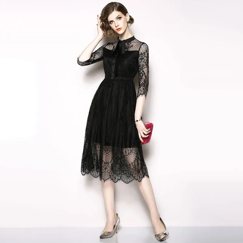 Transparent Lace Bow Collar Elastic Wasit Midi Dress Women Elegant Sweet Sexy Office Party Fashion Beach Dress Clothing Black
Transparent Lace Bow Collar Elastic Wasit Midi Dress Women Elegant Sweet Sexy Office Party Fashion Beach Dress Clothing Black