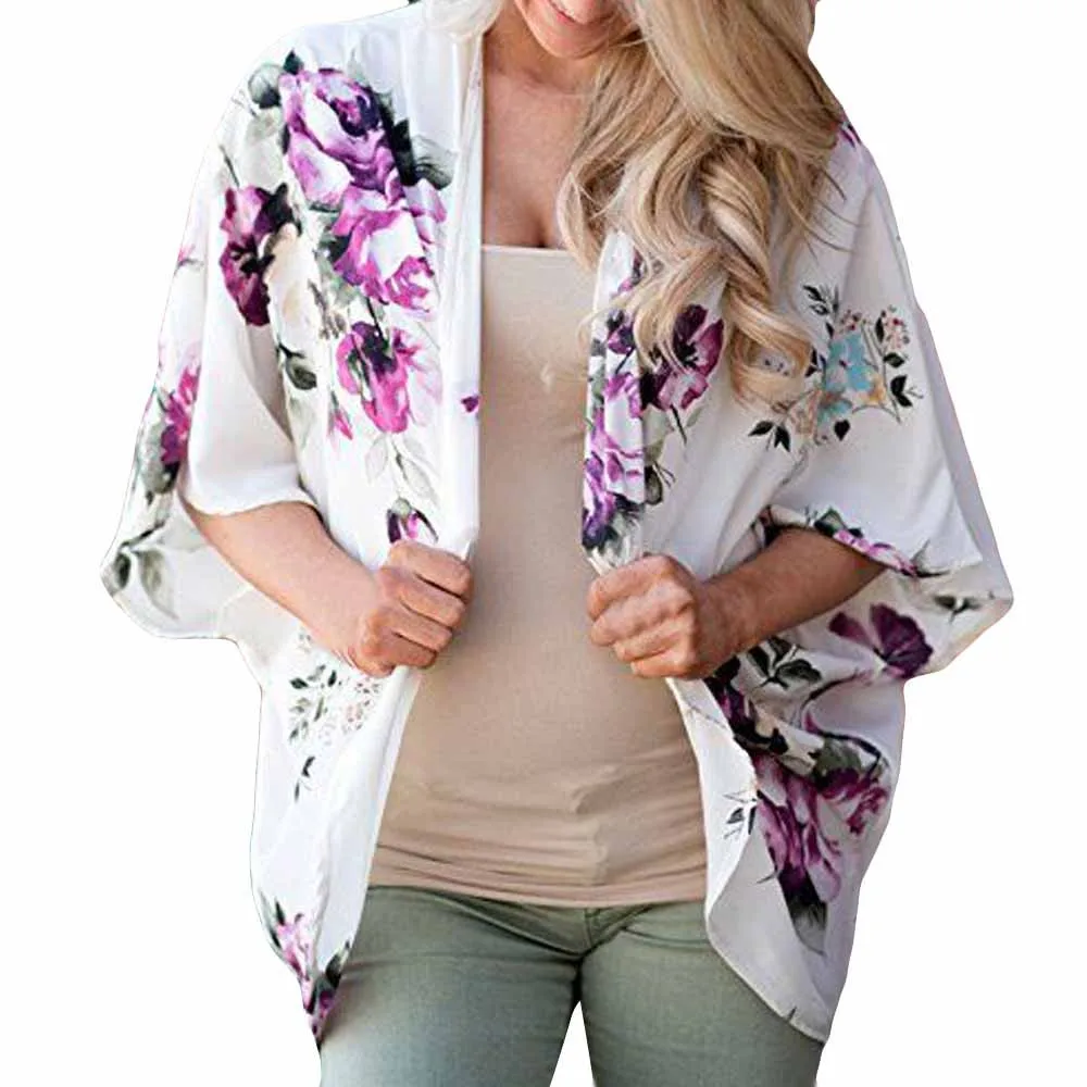

Summer Women Blouses Casual short Sleeve Floral Printed Cover Blouse Tops Loose Kimono Cardigan Capes blusa feminina 2019 New
