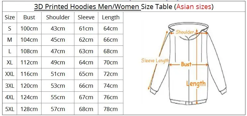 Asian Hoodie Size Chart