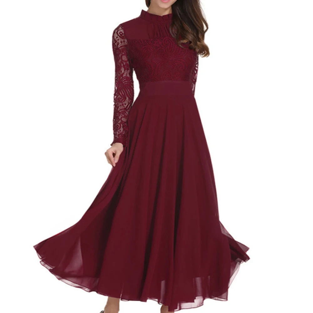 Fashion Women Chiffon Dress Long Lace Sleeve Vestidos Wedding Sumner Spring Long Dress Chic Style Slim Wine Red Plus Size
Fashion Women Chiffon Dress Long Lace Sleeve Vestidos Wedding Sumner Spring Long Dress Chic Style Slim Wine Red Plus Size