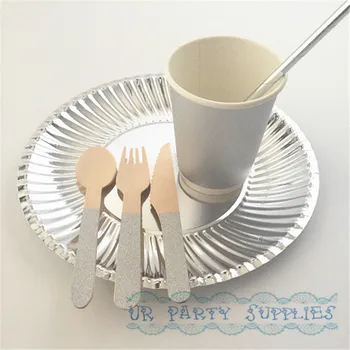 50 Sets Party Tableware Sets Soild Silver Foil Paper Straws Cups Plates Wooden Cutlery Metallic Silver Party Supplies
50 Sets Party Tableware Sets Soild Silver Foil Paper Straws Cups Plates Wooden Cutlery Metallic Silver Party Supplies