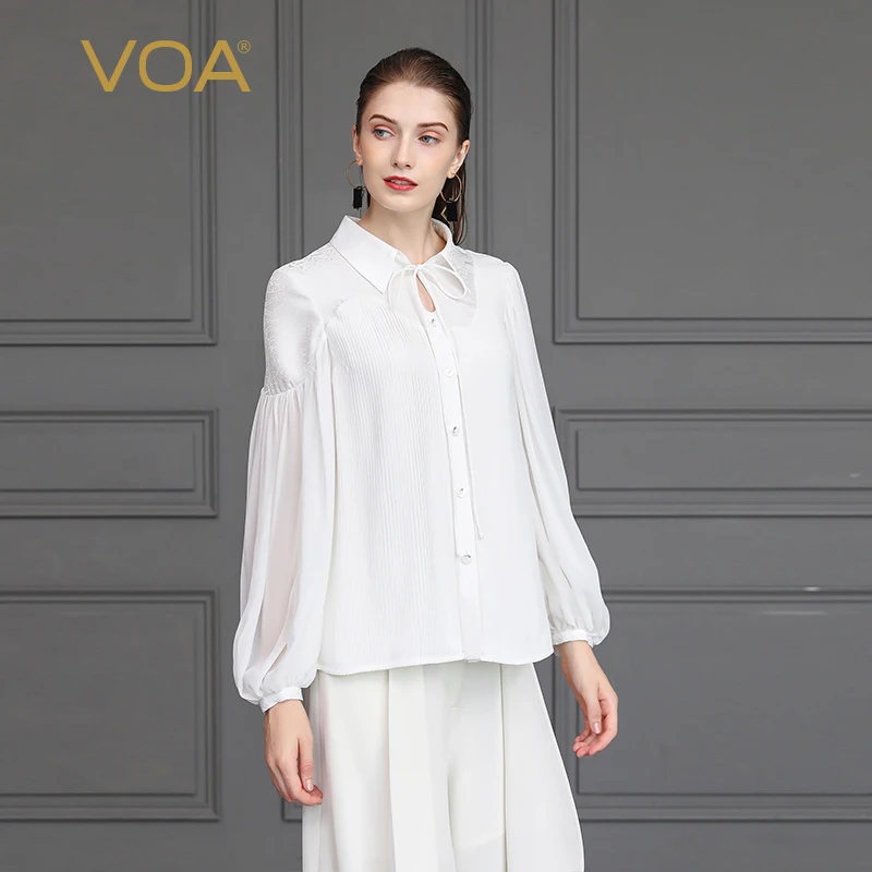 VOA White 100% Silk Blouse Women Lantern Long Sleeve Shirt Sweet Cute Office Work Ladies Tops Casual Clothing Lace Up Loose B827
VOA White 100% Silk Blouse Women Lantern Long Sleeve Shirt Sweet Cute Office Work Ladies Tops Casual Clothing Lace Up Loose B827