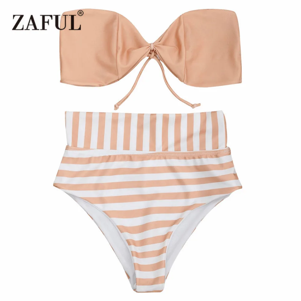 

Zaful 2017 Women New Striped Bandeau High Waisted Bikini Set Bowknot Strapless Bralette Swimsuit Summer Beach Women Swimwear