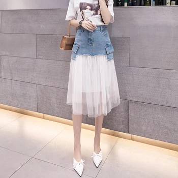 Mesh patchwork denim skirt female 2018 new Korean style high waist fake two lace skirt mid-calf summer clothes for women 282
Mesh patchwork denim skirt female 2018 new Korean style high waist fake two lace skirt mid-calf summer clothes for women 282
