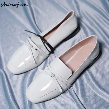 

Plus size 42 women's genuine leather slip-on flats loafers leisure soft comfrot mules bowtie female espadrilles moccasins shoes