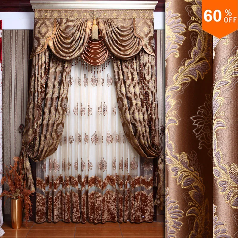 

New baroque style Fashion curtain quality dodechedron curtains dodechedron finished products luxury jacquard cloth brown Curtain