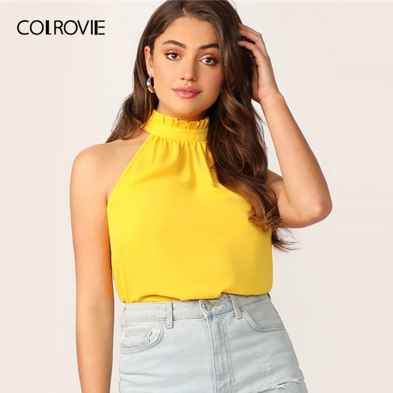 

COLROVIE Yellow Solid Frilled Halterneck Buttoned Keyhole Back Womens Tops And Blouses 2019 Summer Elegant Sleeveless Ladies Top