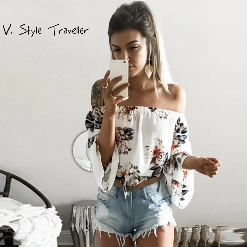 Sexy off Shoulder Flower Print Cotton Blouse Women Flare Sleeves Cropped Shirt Casual Rustic Summer Style Crop Top Boho Tee New
Sexy off Shoulder Flower Print Cotton Blouse Women Flare Sleeves Cropped Shirt Casual Rustic Summer Style Crop Top Boho Tee New