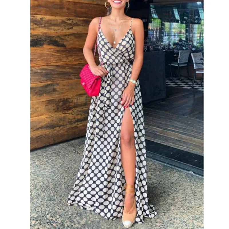 

Polka Dot Slit Open Back Maxi Dress Without Necklace-White Seaside Vacation Sexy V-necktie Open-crossed Undulated Long Skirt