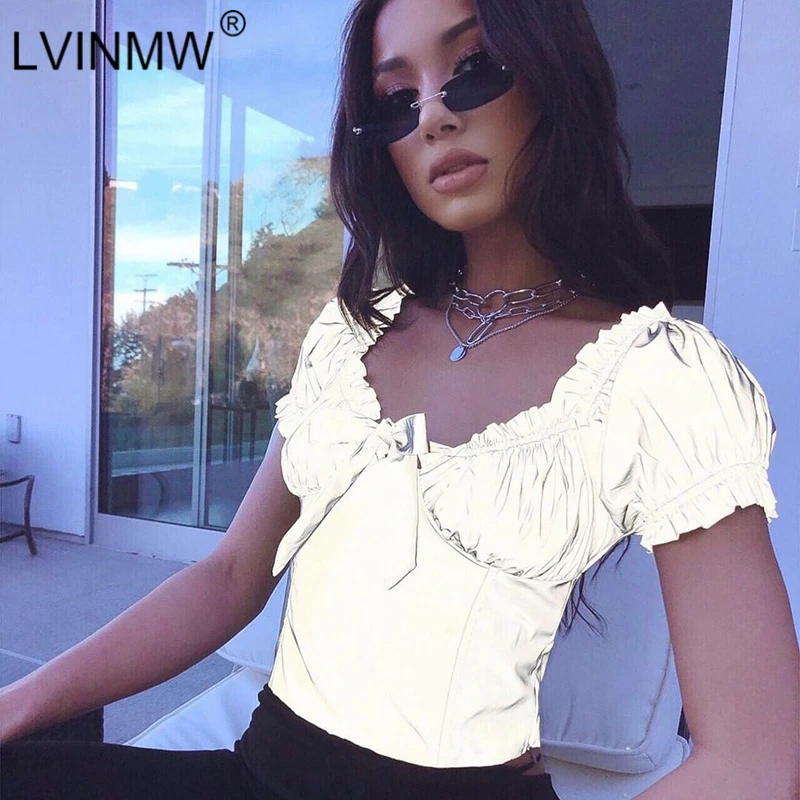 LVINMW Sexy Reflective Lace Up Bow Ruffle Lantern Sleeve Crop Tops 2019 Summer Women Casual Slim Tshirt Female Party Club Tees
LVINMW Sexy Reflective Lace Up Bow Ruffle Lantern Sleeve Crop Tops 2019 Summer Women Casual Slim Tshirt Female Party Club Tees
