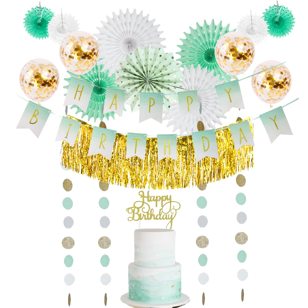 Mint Gold Birthday Decorations Set Paper Fans Latex Balloon Cake Topper Dots Garland Table Skirt Birthday Party Decor
Mint Gold Birthday Decorations Set Paper Fans Latex Balloon Cake Topper Dots Garland Table Skirt Birthday Party Decor