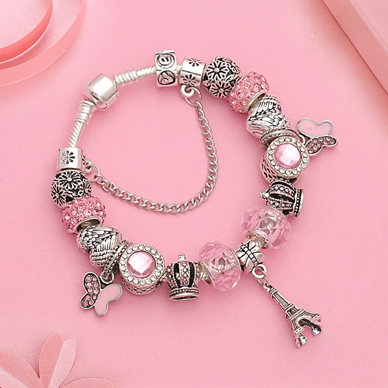 Vintage Silver Eiffel Tower Heart Crown Charms P Bracelet Diy Pink Enamel Butterfly Bead Bracelets Bangles Pulsera Mujer
Vintage Silver Eiffel Tower Heart Crown Charms P Bracelet Diy Pink Enamel Butterfly Bead Bracelets Bangles Pulsera Mujer