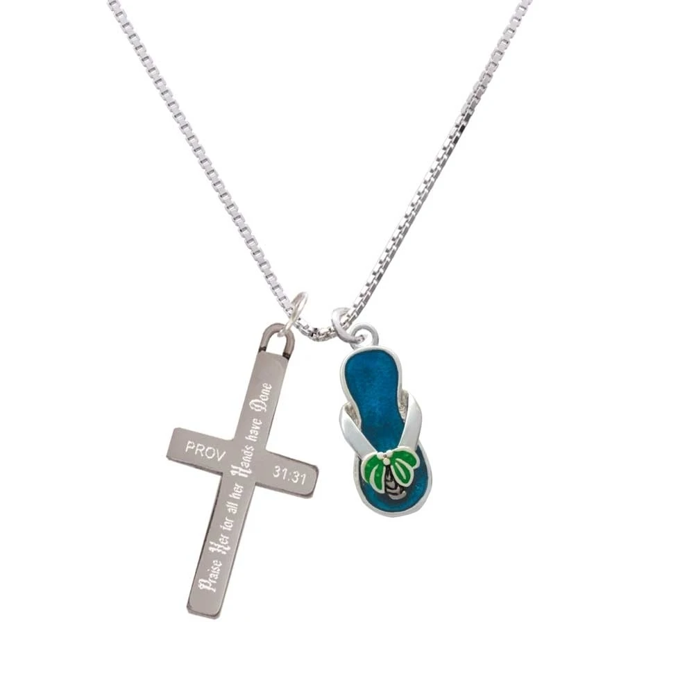 Tropical Blue Flip Flop with Palm Tree - Praise Her - Cross Necklace