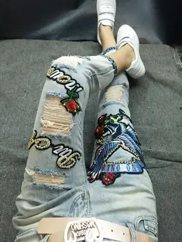 Women Demim Trousers for Spring Autumn Loose Ankle-length Jeans Beading Embroidery Hole Students Straight Denim Pants Casual
Women Demim Trousers for Spring Autumn Loose Ankle-length Jeans Beading Embroidery Hole Students Straight Denim Pants Casual
