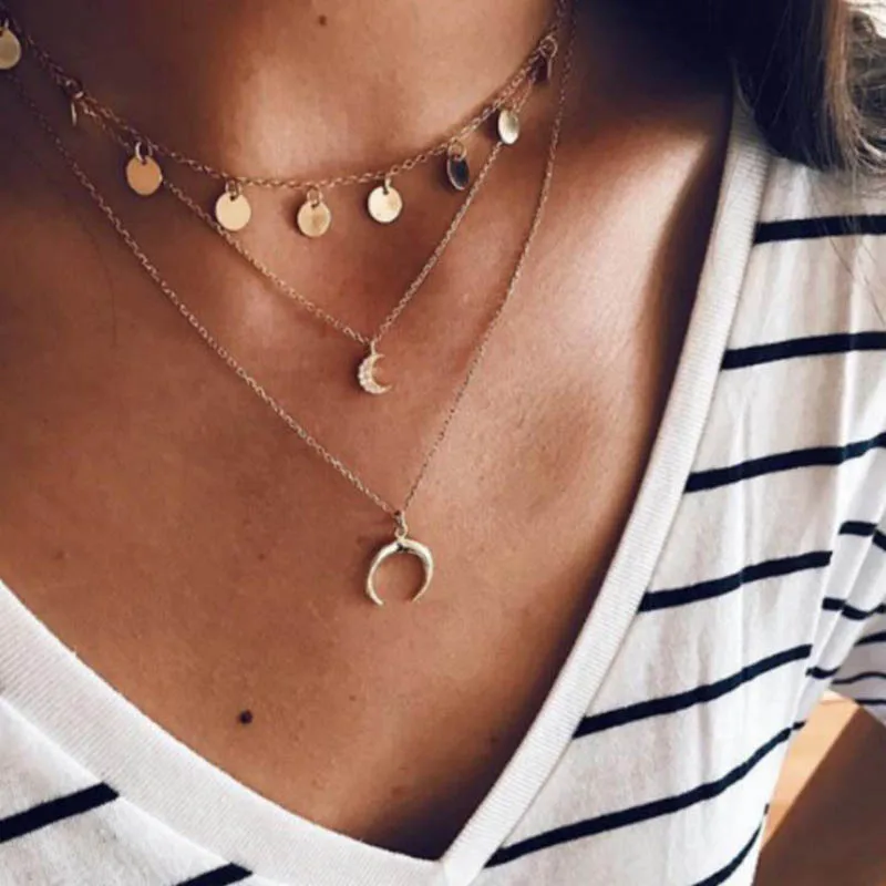 New Trendy Gold Color MultiLayer Choker Necklace For Women Moon Sequins Pendant Collar Necklaces Bohemian Fashion Jewelry Gift
New Trendy Gold Color MultiLayer Choker Necklace For Women Moon Sequins Pendant Collar Necklaces Bohemian Fashion Jewelry Gift