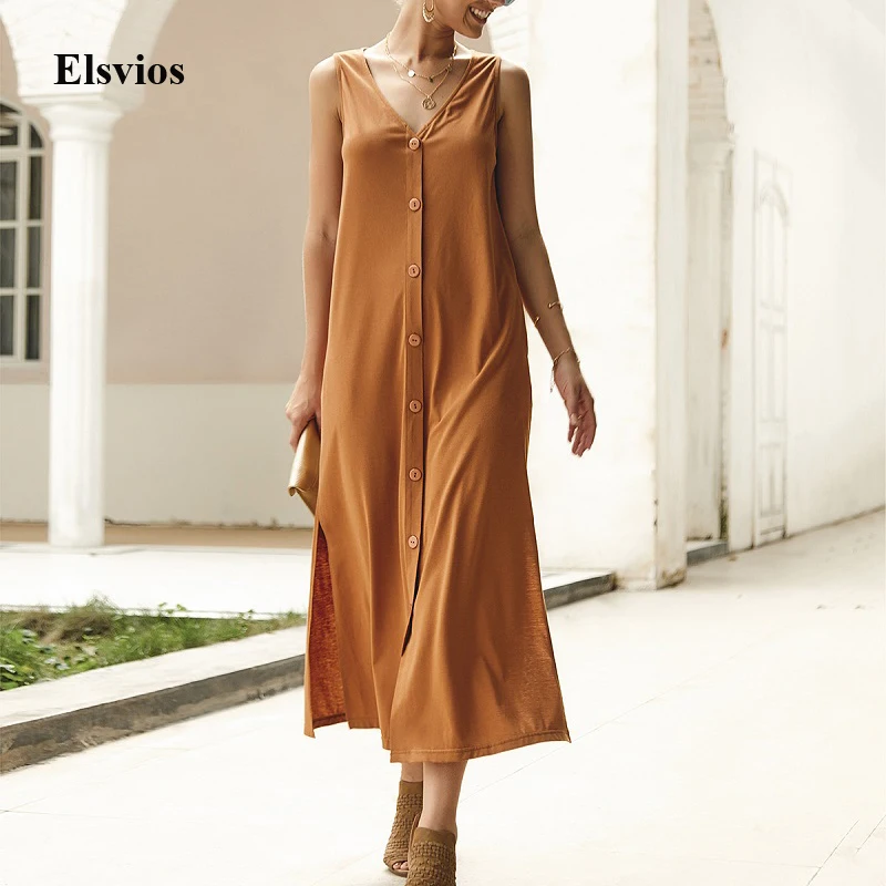 Elsvios Women V neck Solid Boho Dress Summer Buttons Split Beach Long Dress Elegant Female Sleeveless A-line Maxi Dress Vestido
Elsvios Women V neck Solid Boho Dress Summer Buttons Split Beach Long Dress Elegant Female Sleeveless A-line Maxi Dress Vestido