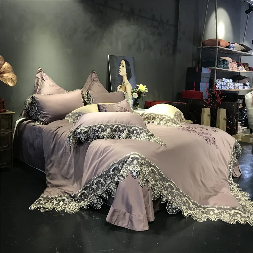 Purple Gray Luxury Lace Embroidery Egyptian cotton European Palace Wedding 4/7pcs Bedding Set Duvet Cover Bed sheet Pillowcases
Purple Gray Luxury Lace Embroidery Egyptian cotton European Palace Wedding 4/7pcs Bedding Set Duvet Cover Bed sheet Pillowcases