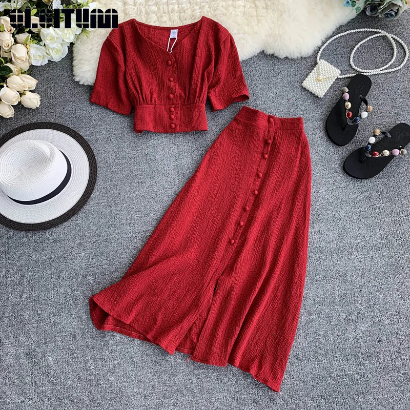 New Fashion Suit Solid Color Simple Single-Breasted Short-Sleeved Short Cropped Blouse Elastic Waist Skirt Two-Piece Suit WS158
New Fashion Suit Solid Color Simple Single-Breasted Short-Sleeved Short Cropped Blouse Elastic Waist Skirt Two-Piece Suit WS158