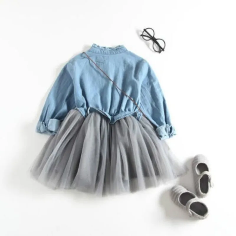 1-6Y Baby Girl Dress Long Sleeve Denim Tutu Tulle Princess Party Dresses Young Style Elegant For Girls | Мать и ребенок