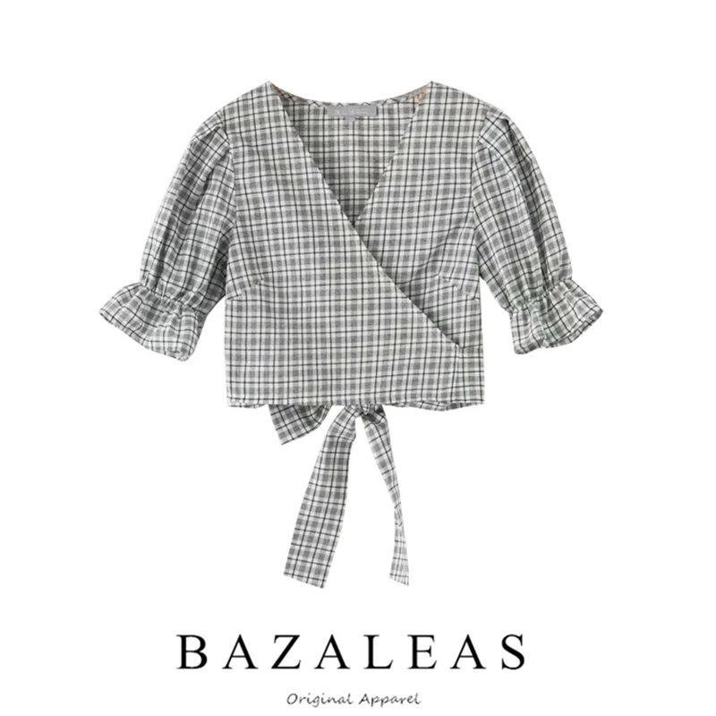 Bazaleas Vintage Sashes Bandage blusa feminina Tartan Print women blouse Deep V Neck blusas Fashion crop top drop shipping
Bazaleas Vintage Sashes Bandage blusa feminina Tartan Print women blouse Deep V Neck blusas Fashion crop top drop shipping