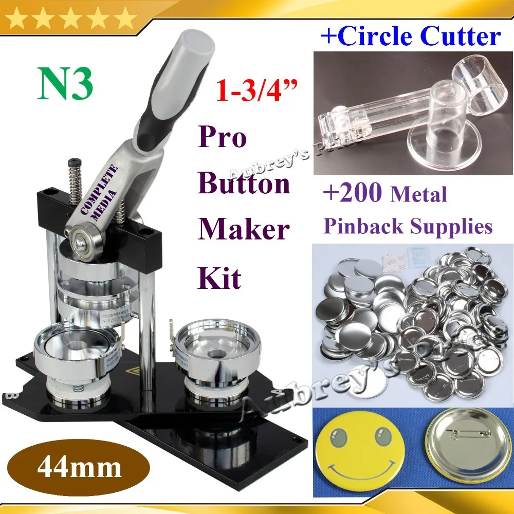 NEW Pro N3 1-3/4":44mm Badge Button Maker Machine + Adjustable Circle Cutter+200 Sets of Metal Pinback Button Supplies
NEW Pro N3 1-3/4":44mm Badge Button Maker Machine + Adjustable Circle Cutter+200 Sets of Metal Pinback Button Supplies