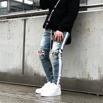 New Men Knee Eversion Ripped Big Men Jeans Side zip skinny biker jeans slim hip hop jeans men Retro white strip Patchwork pants
New Men Knee Eversion Ripped Big Men Jeans Side zip skinny biker jeans slim hip hop jeans men Retro white strip Patchwork pants