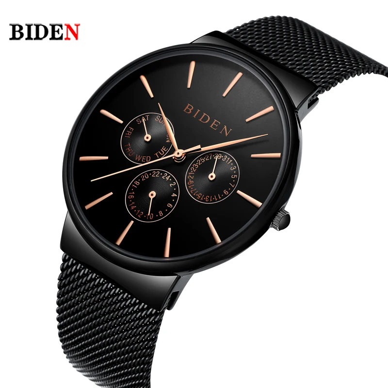 Top Men Watch Brand Biden Multi Time Zone Quartz Watch Mens Fashion Casual Mesh Stainless Steel Watch relogio masculino