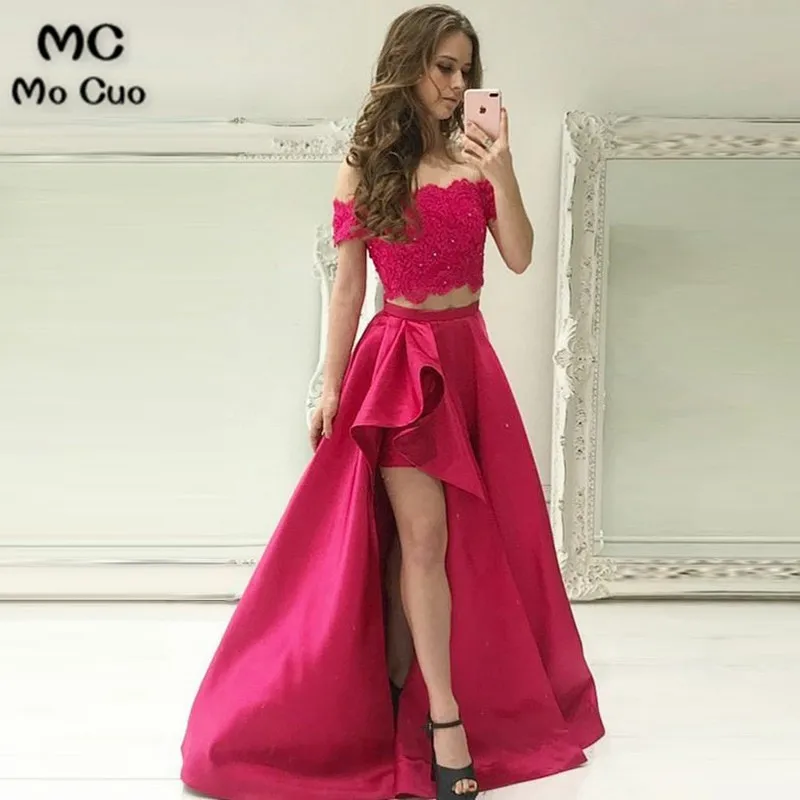 Two Piece Off the Shoulder Fuchsia Prom Dress with Lace Short Sleeves dress for graduation Satin Evening Party Dress for Women
Two Piece Off the Shoulder Fuchsia Prom Dress with Lace Short Sleeves dress for graduation Satin Evening Party Dress for Women