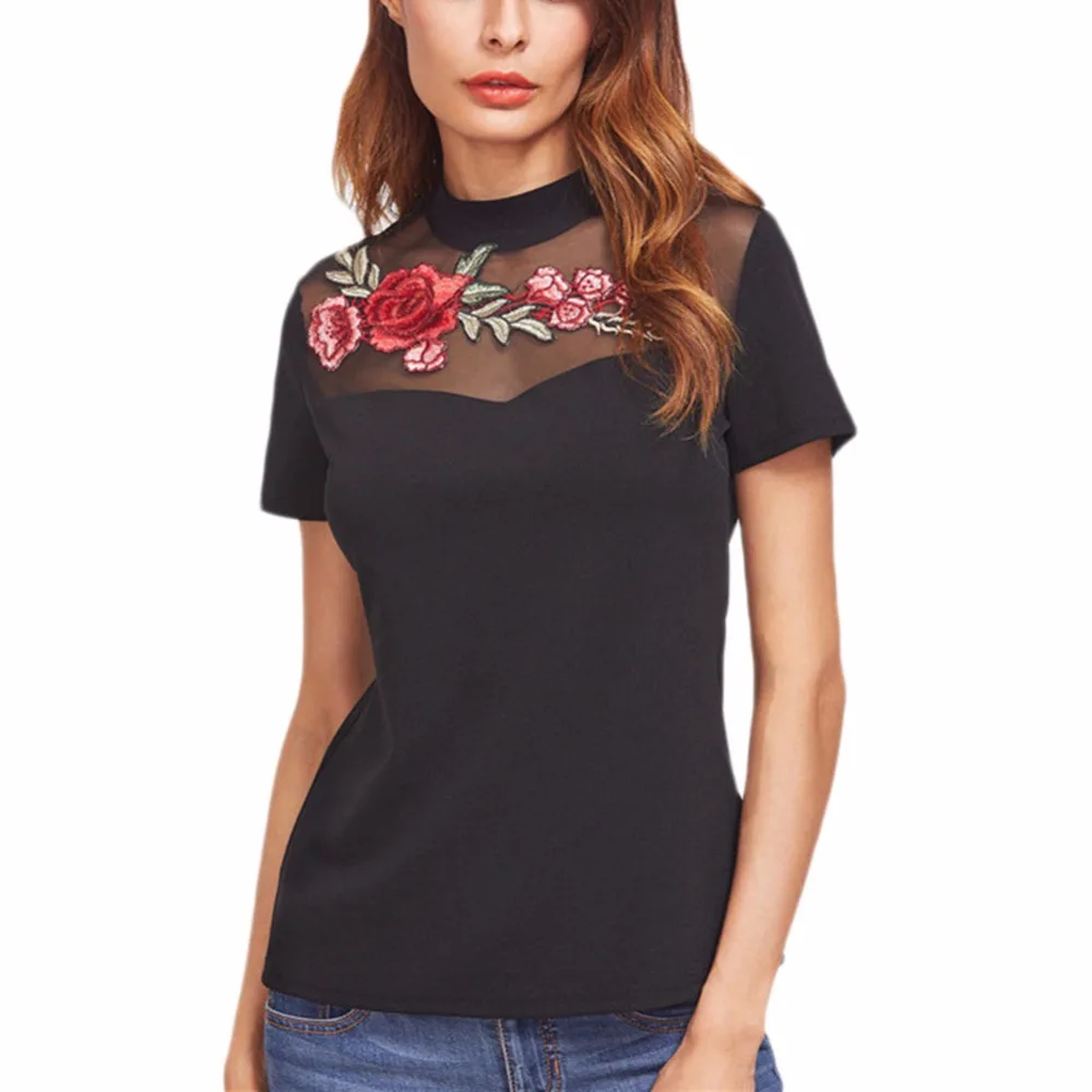 Image Women s Black T Shirts Embroidery Floral Mock Tee Tops T shirt Basic Cotton Mesh Patchwork Shirts Casual Short Sleeve Tee