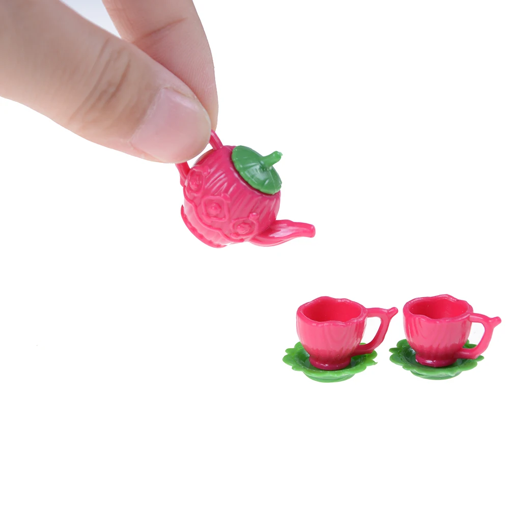10 Sätze Puppenstuben Miniatur-Kunststoff-Rosa Tee-Topf Mit 2 Tassen Geschirr 