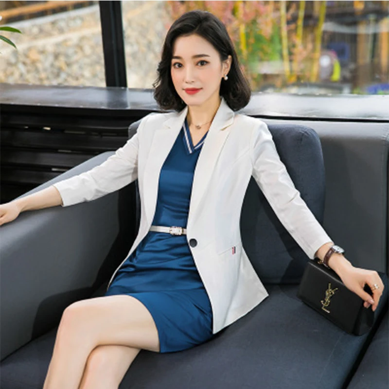 New professional short sleeve long suit dress V-neck blue Korean style long slee work jackets with dress office lady suit dress
New professional short sleeve long suit dress V-neck blue Korean style long slee work jackets with dress office lady suit dress
