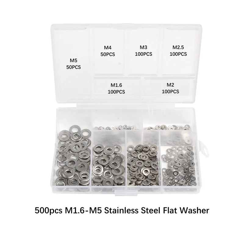 500Pcs/lot 304 Stainless Steel Flat Washer M1.6 M2 M2.5 M3 M4 M5 Plain Washer Gaskets Assortment Kit
500Pcs/lot 304 Stainless Steel Flat Washer M1.6 M2 M2.5 M3 M4 M5 Plain Washer Gaskets Assortment Kit