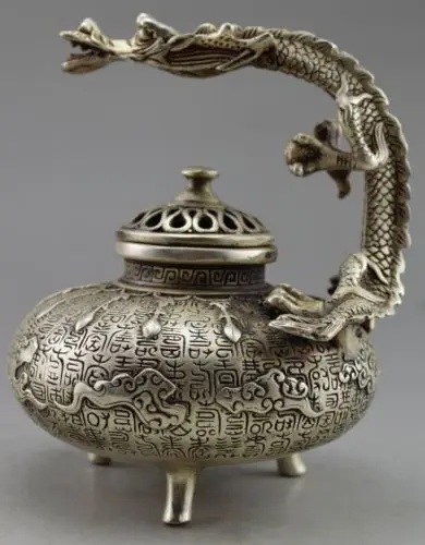 

Fine antique Miao-Silver Old white Copper Collectible Decorated Old Handwork Tibet Silver Carved Dragon Incense Burner