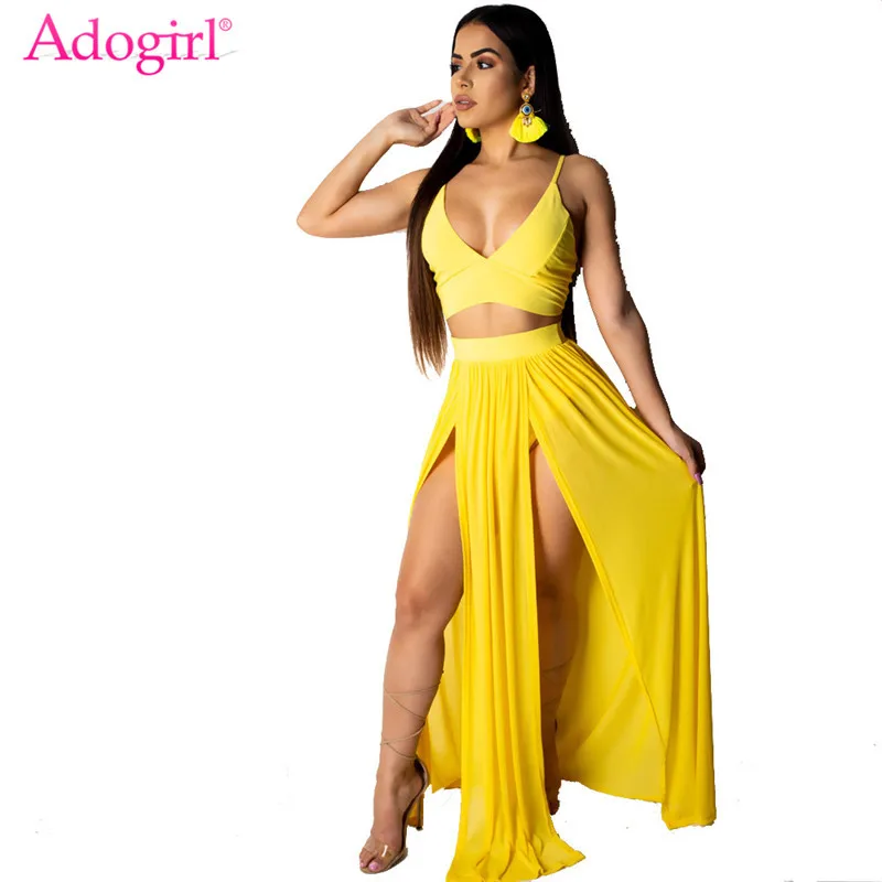 Adogirl Women Sexy Spaghetti Straps Chiffon Two Piece Set Dress Sexy V Neck Crop Top + High Slit Maxi Skirt Summer Beach Outfits
Adogirl Women Sexy Spaghetti Straps Chiffon Two Piece Set Dress Sexy V Neck Crop Top + High Slit Maxi Skirt Summer Beach Outfits